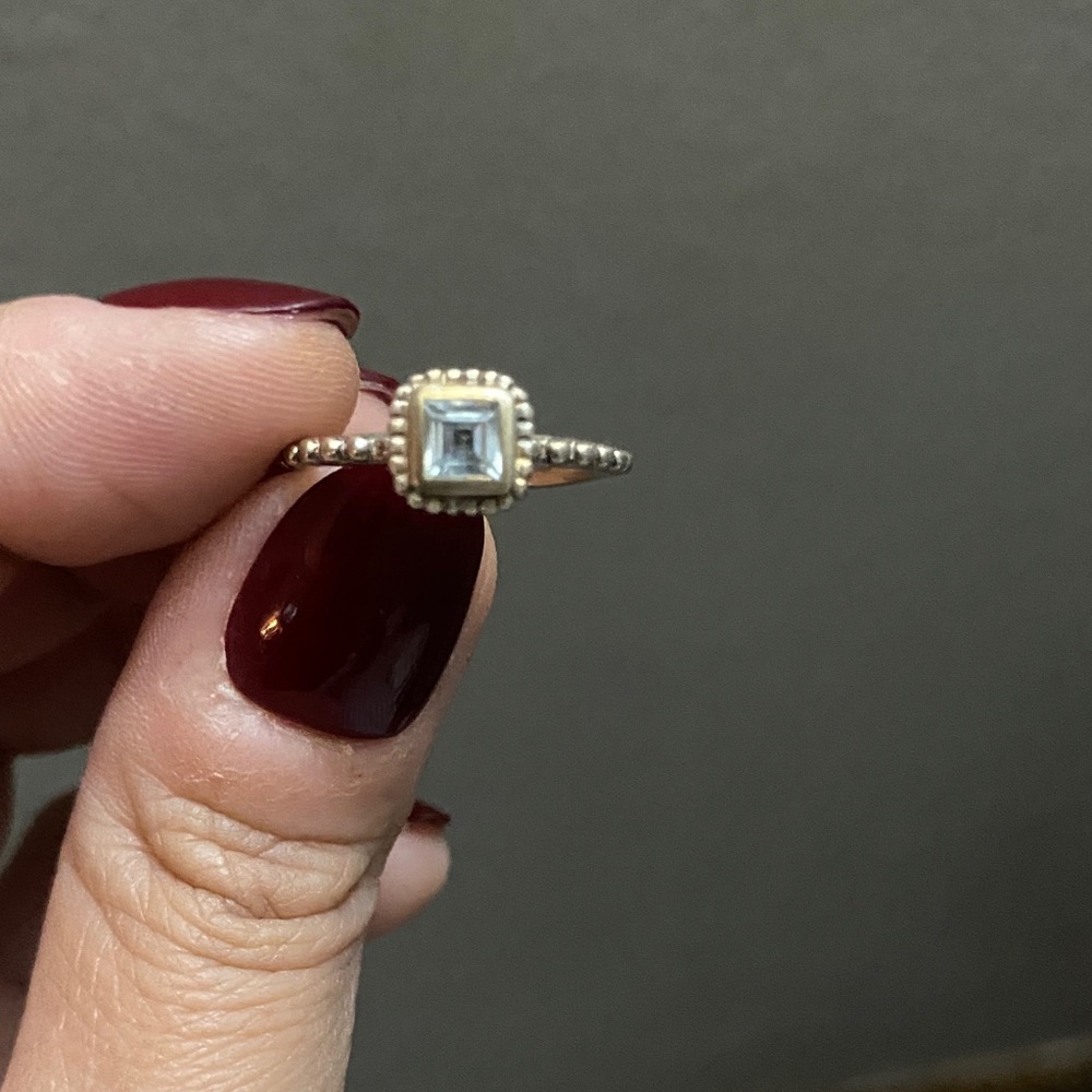 Delicate Square-Cut White Stone Beaded Band Ring 925 silver